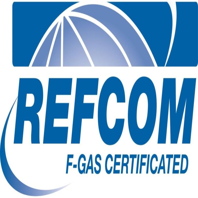 Blue on white REFCOM logo. It is compulsory for systems over a certin size to be leak checked and F-gas records kept